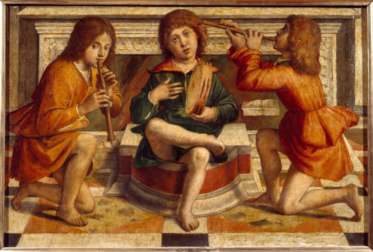 Tři andělé hudebníci Malba Bartolomea Montagna (1450-1523) 16. století Sun. 0,47x0,7m Lyon, Musee des Beaux Arts od Bartolomeo Montagna