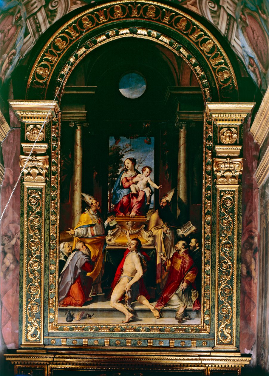 Madonna a dítě na trůnu se svatým Antonínem (olej na panelu) od Bartolomeo Passarotti