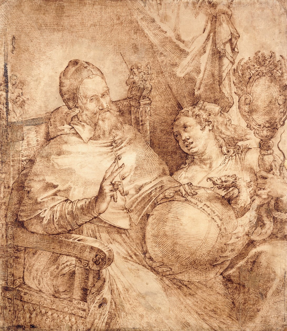 Portrét papeže Řehoře XIII., tříčtvrteční, sedící v křesle, od Bartolomeo Passarotti