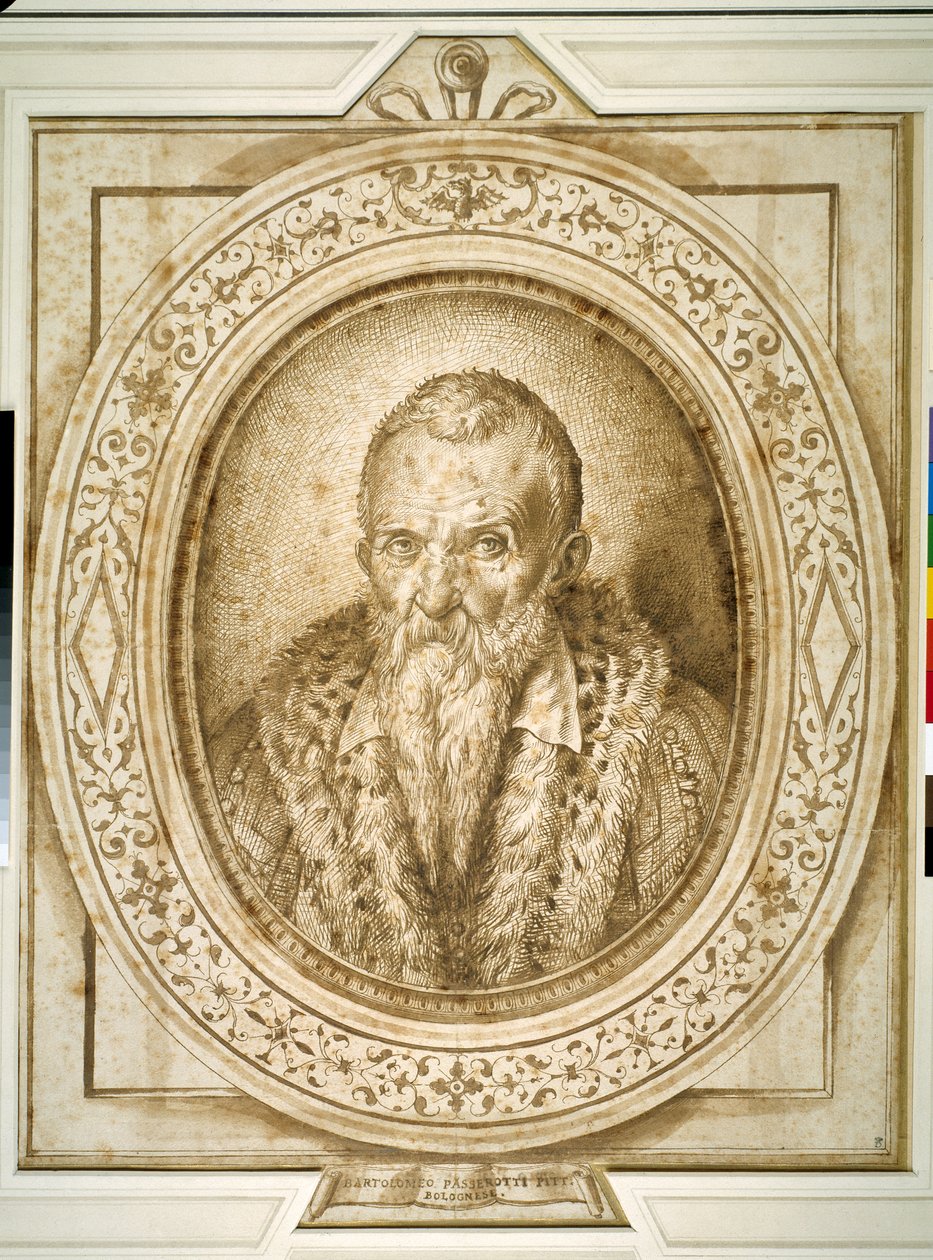 Autoportrét ve stáří, se simulovaným Enframementem (inkoust pera a hnědého na papíře) od Bartolomeo Passarotti