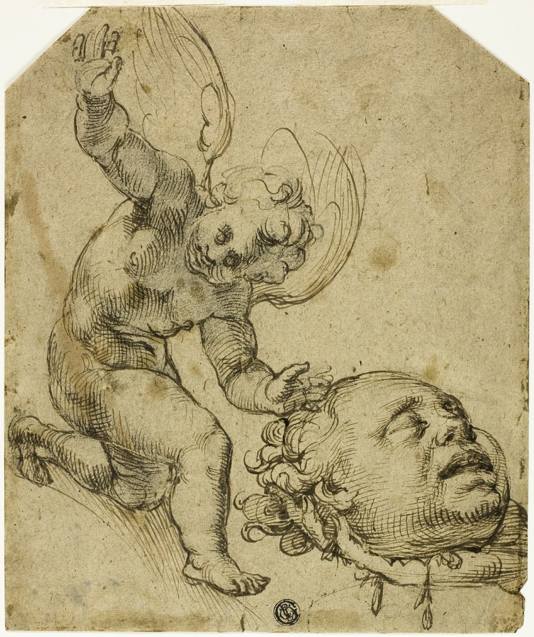 Dva náčrty: Klečící Putto držící hlavu (recto) Detaily nahého mužského dítěte (verso) od Bartolomeo Passarotti