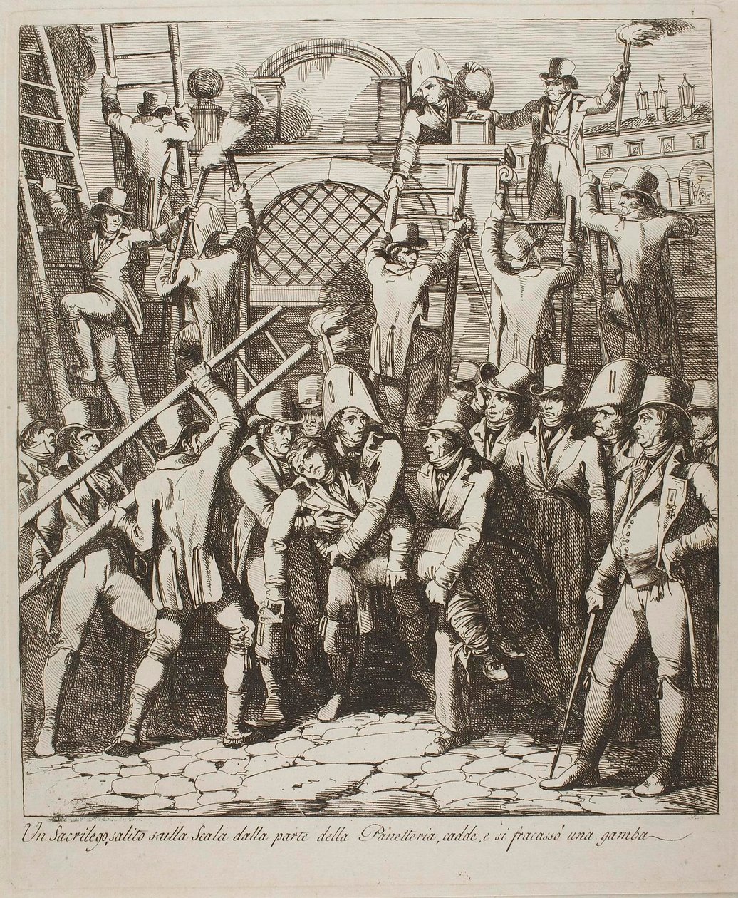 Rouhač si zlomí nohu při přelézání zdí Vatikánu, 6. července 1809 od Bartolomeo Pinelli