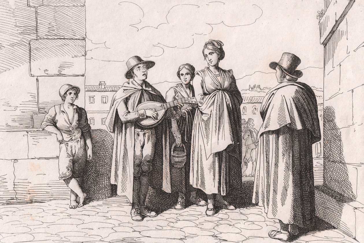 Slepý zpívá a hraje, lept Bartolomeo Pinelli (Řím od Bartolomeo Pinelli