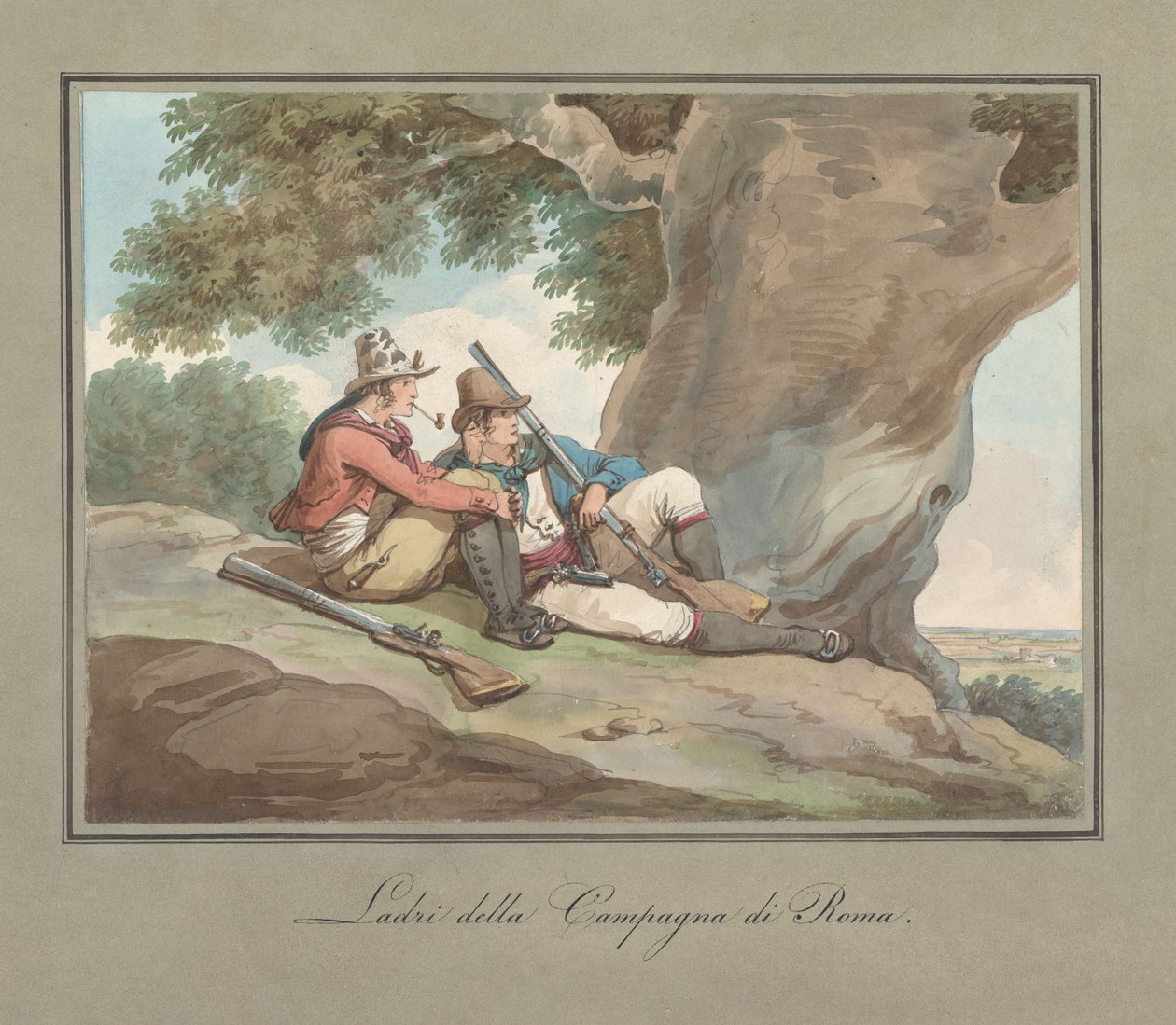 Briganti odpočívající v Campagni, ilustrace k knize „Římské kroje a zvyky“ od Bartolomeo Pinelli