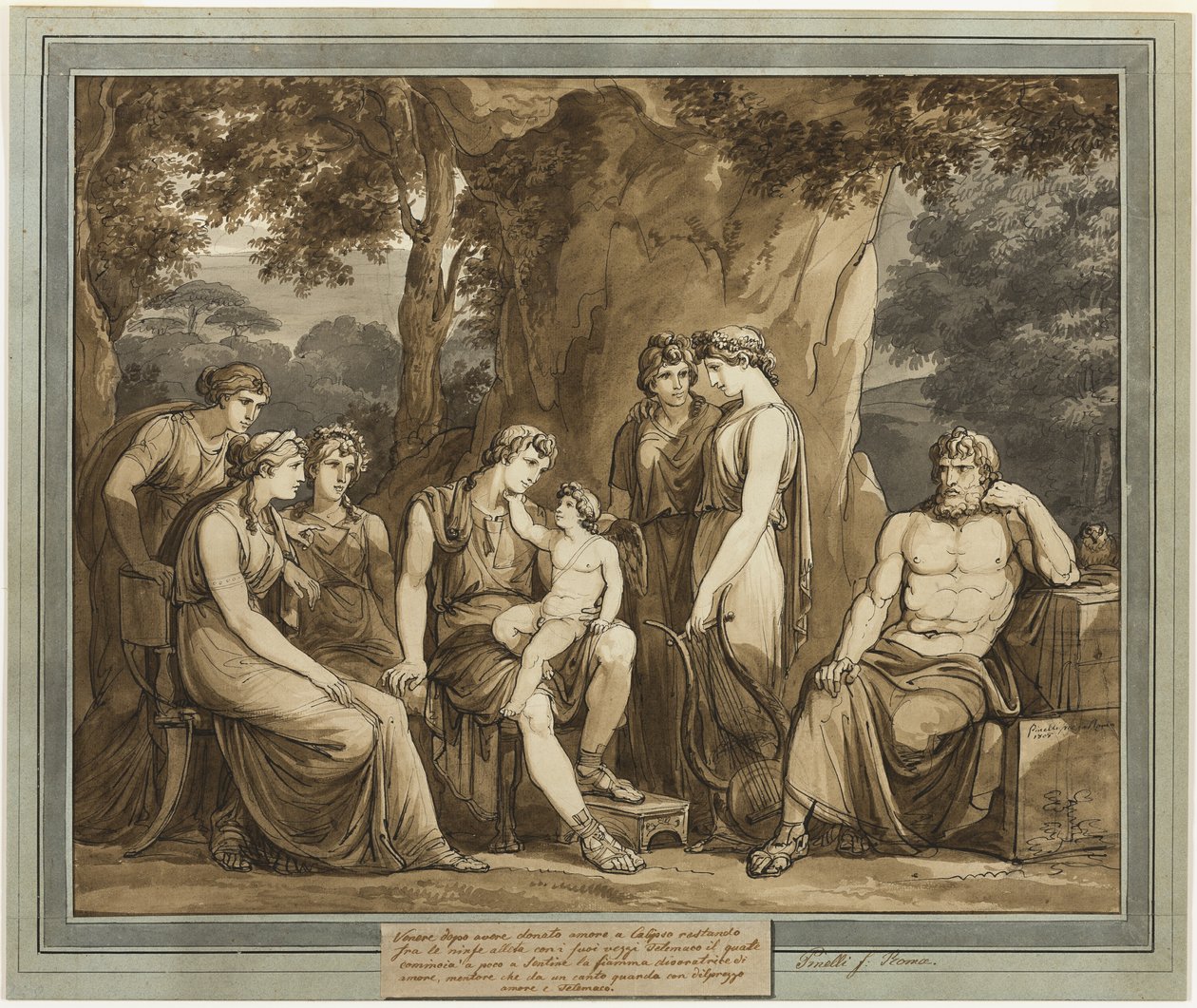 Calypso sleduje Telemacha s Amorem na koleně, zatímco Mentor sleduje v hněvu, z The Adventures of Telemachus, kniha 7 od Bartolomeo Pinelli