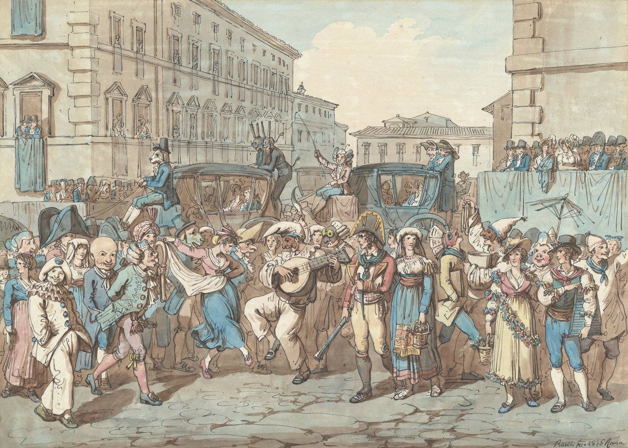 Karneval v Římě, ilustrace pro Římské kroje a zvyky od Bartolomeo Pinelli