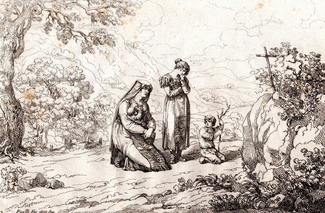 Žena Ciociara se modlí před křížem, kde byl zabit její manžel, lept Bartolomeo Pinelli (Řím od Bartolomeo Pinelli