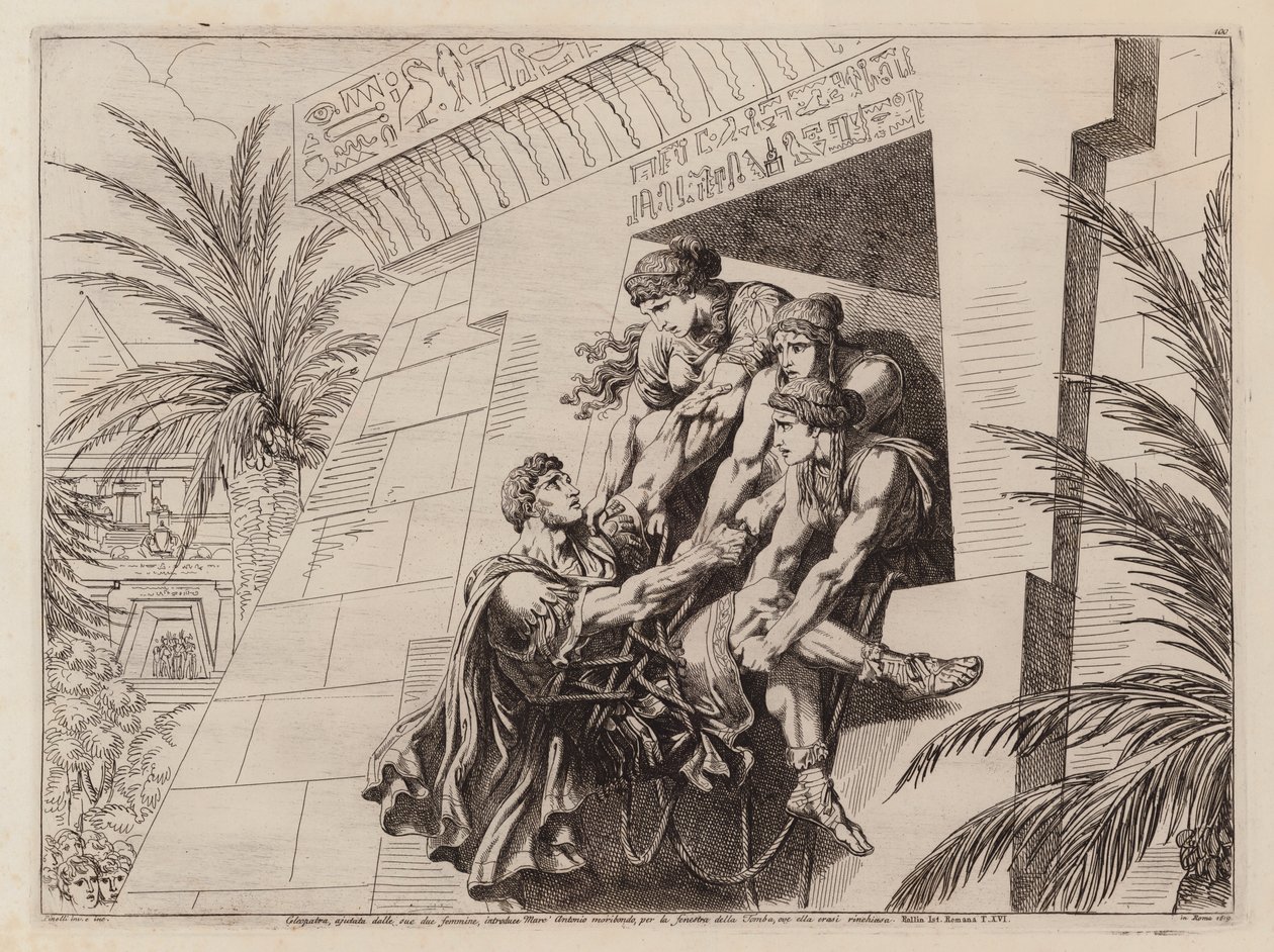 Kleopatra a její společníci zvedají umírajícího Marka Antonia do hrobky (lept) od Bartolomeo Pinelli