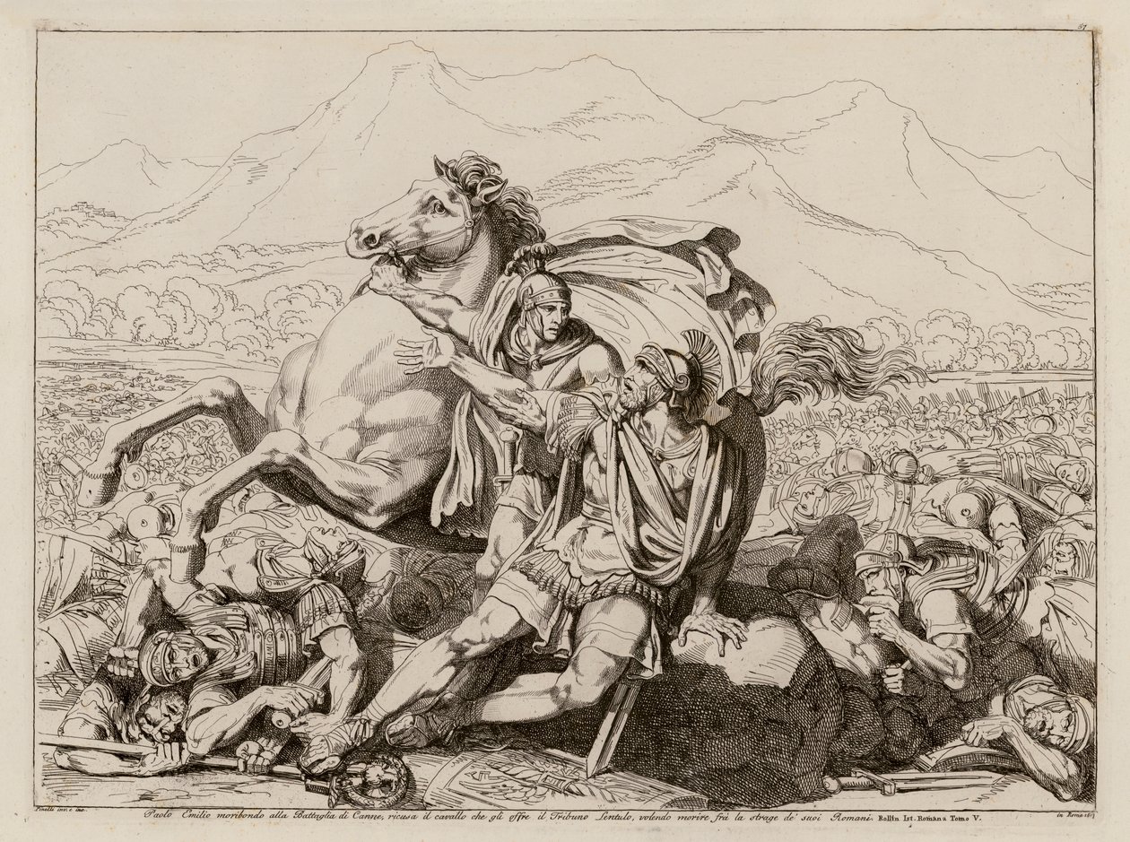 Smrt Lucia Aemilia Paulla v bitvě u Cannae, 216 př. n. l. (lept) od Bartolomeo Pinelli