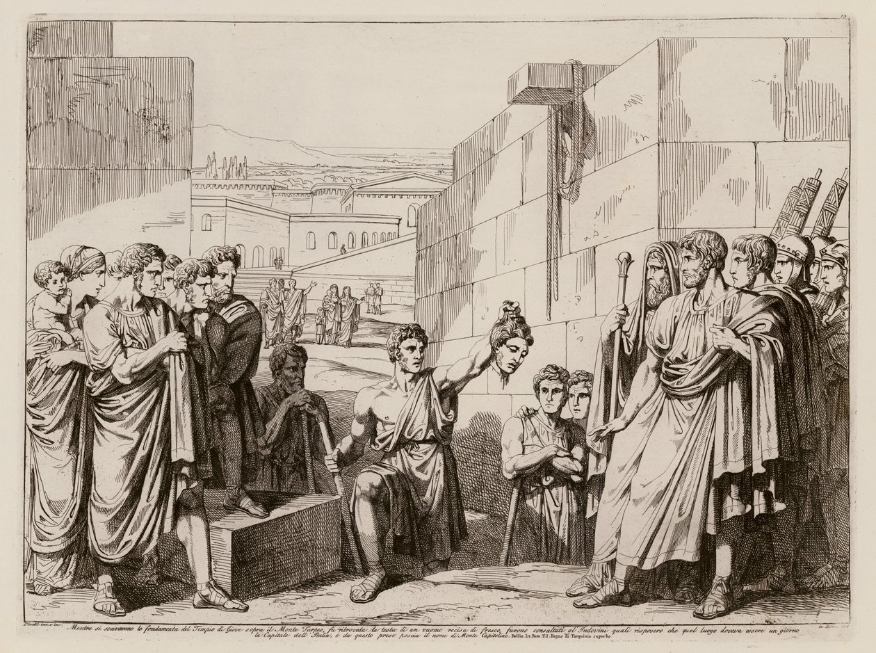 Nález uříznuté hlavy muže při kopání základů Jupiterova chrámu, Řím (lept) od Bartolomeo Pinelli