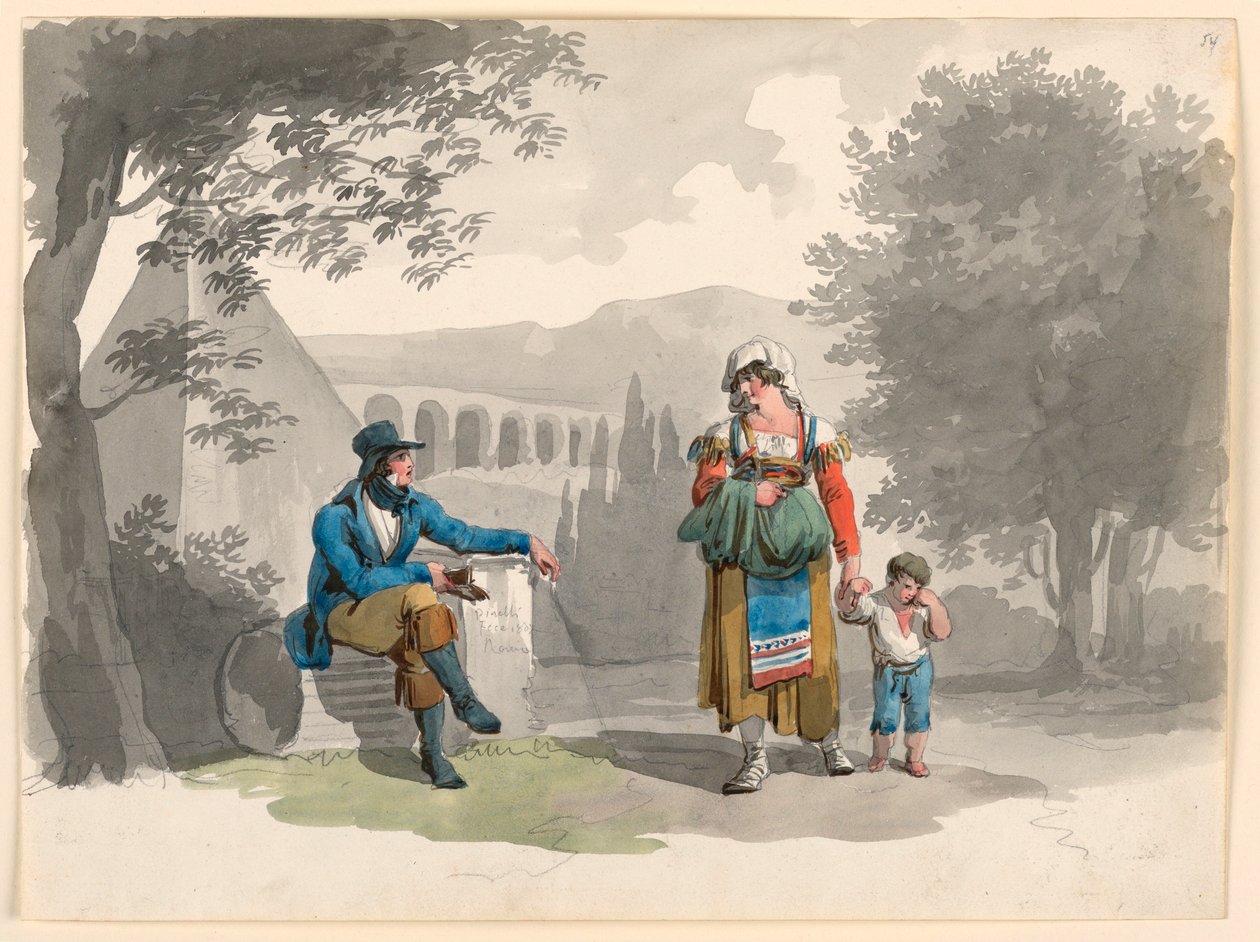 Kresba, Žena držící rukou chlapce, který prochází kolem muže sedícího mezi ruinami v Kampánii, 1807 od Bartolomeo Pinelli