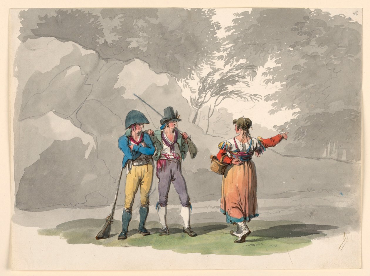 Kresba, Žena a dva muži se zbraněmi. Kostýmy Neapolského království, 1807-08 od Bartolomeo Pinelli