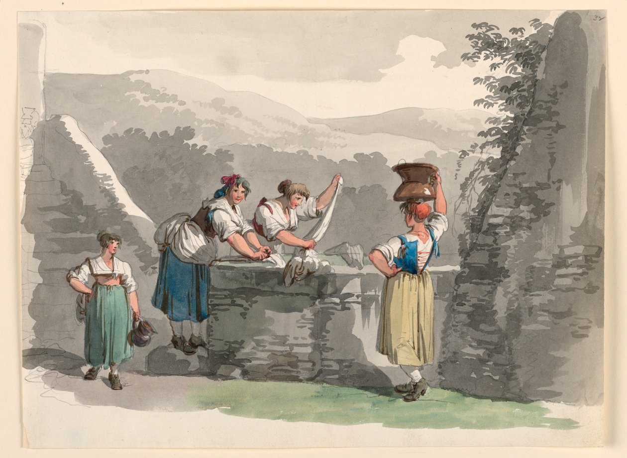 Kresba, Prádelna v horách u Říma, 1807-08 od Bartolomeo Pinelli