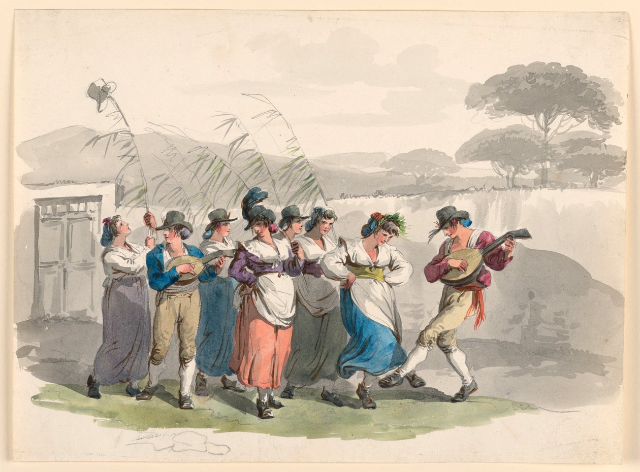 Kresba "Saltarello Romano", Tančící rolníci v okolí Říma, 1807-08 od Bartolomeo Pinelli