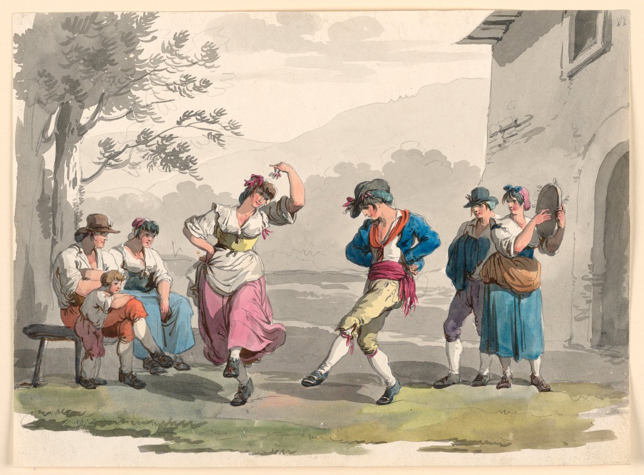 Kresba "Saltarello Romano", Tančící rolníci v okolí Říma, 1807-08 od Bartolomeo Pinelli