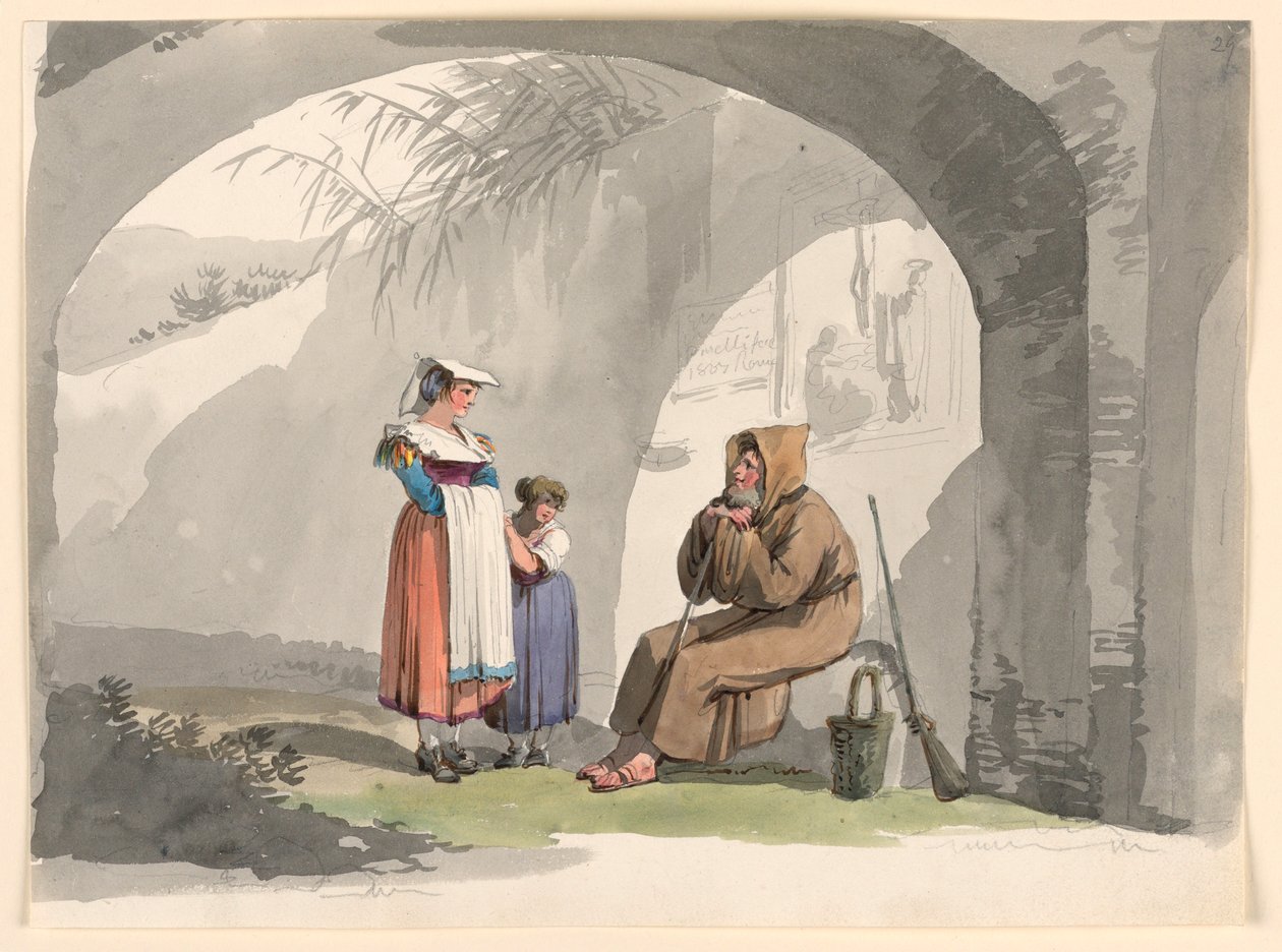 Kresba, Dvě dívky z Frascati na návštěvě u poustevníka, 1807 od Bartolomeo Pinelli