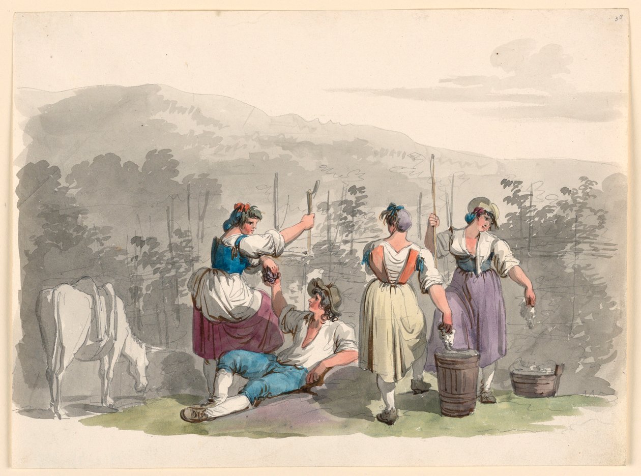 Kresba, Vinobraní v horách u Říma, 1807-08 od Bartolomeo Pinelli