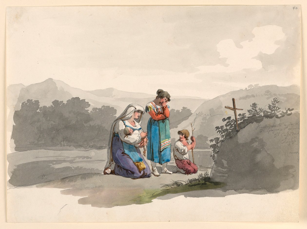 Kresba, Žena s dítětem modlící se před křížem označujícím místo, kde byl její manžel zabit, 1807-08 od Bartolomeo Pinelli