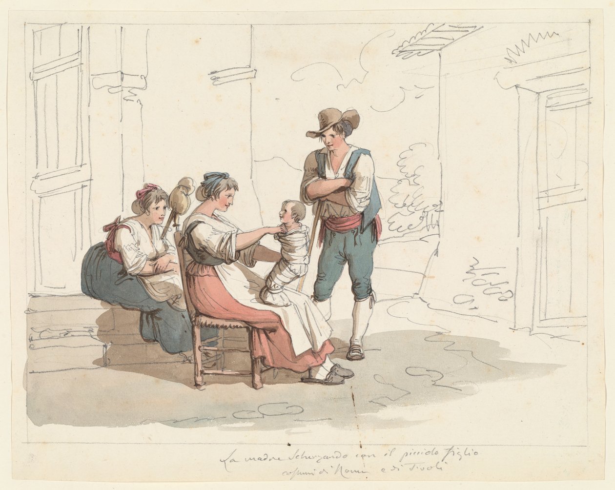 Rodinná scéna s matkou a dítětem, ilustrace k "Římským krojům a zvykům" od Bartolomeo Pinelli