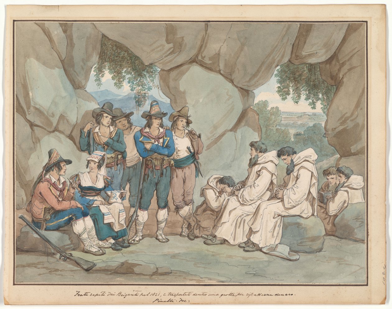 „Frati“ zajatý bandity a držený v jeskyni, ilustrace k Římským krojům a zvykům od Bartolomeo Pinelli