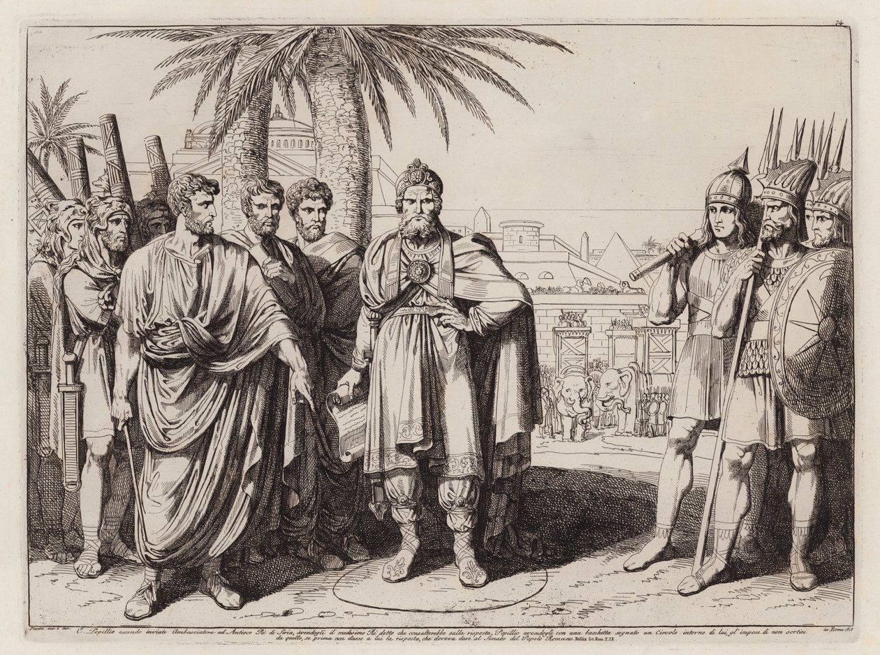 Gaius Popillius Laenas kreslí v písku kruh kolem Antiocha IV Epifana (lept) od Bartolomeo Pinelli