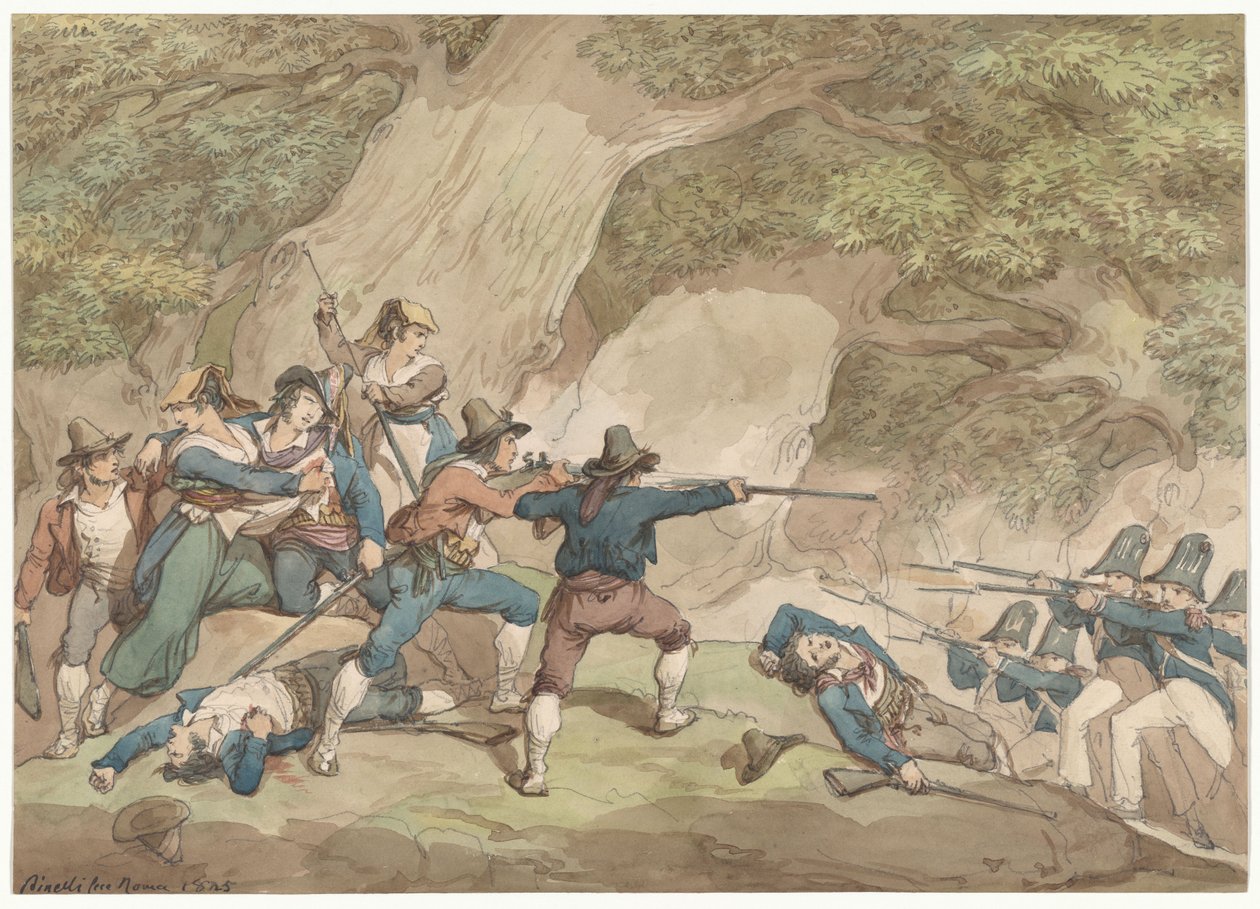 Četníci Neapolského království bojující s Kalábrijci, ilustrace k Římským krojům a zvykům od Bartolomeo Pinelli