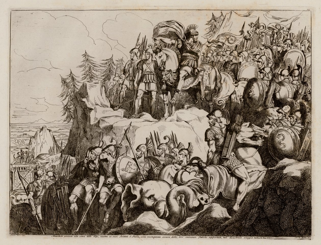 Hannibal při přechodu Alp do Itálie, 218 př. n. l. (lept) od Bartolomeo Pinelli