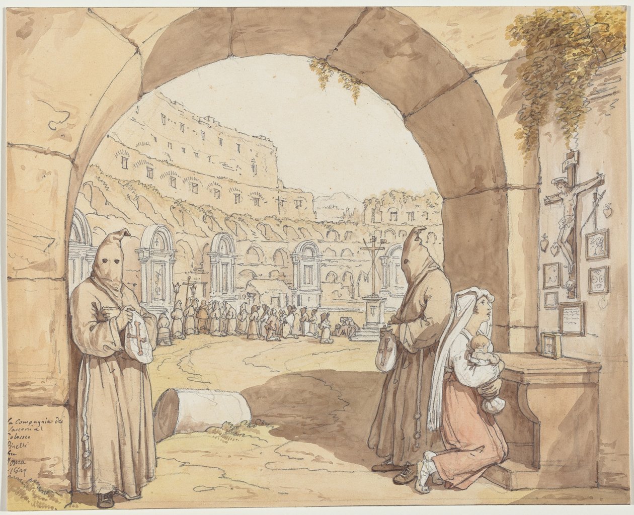 La Compagnia dei sacconi al Colosseo (Pokání modlící se u oltářů v Koloseu) od Bartolomeo Pinelli