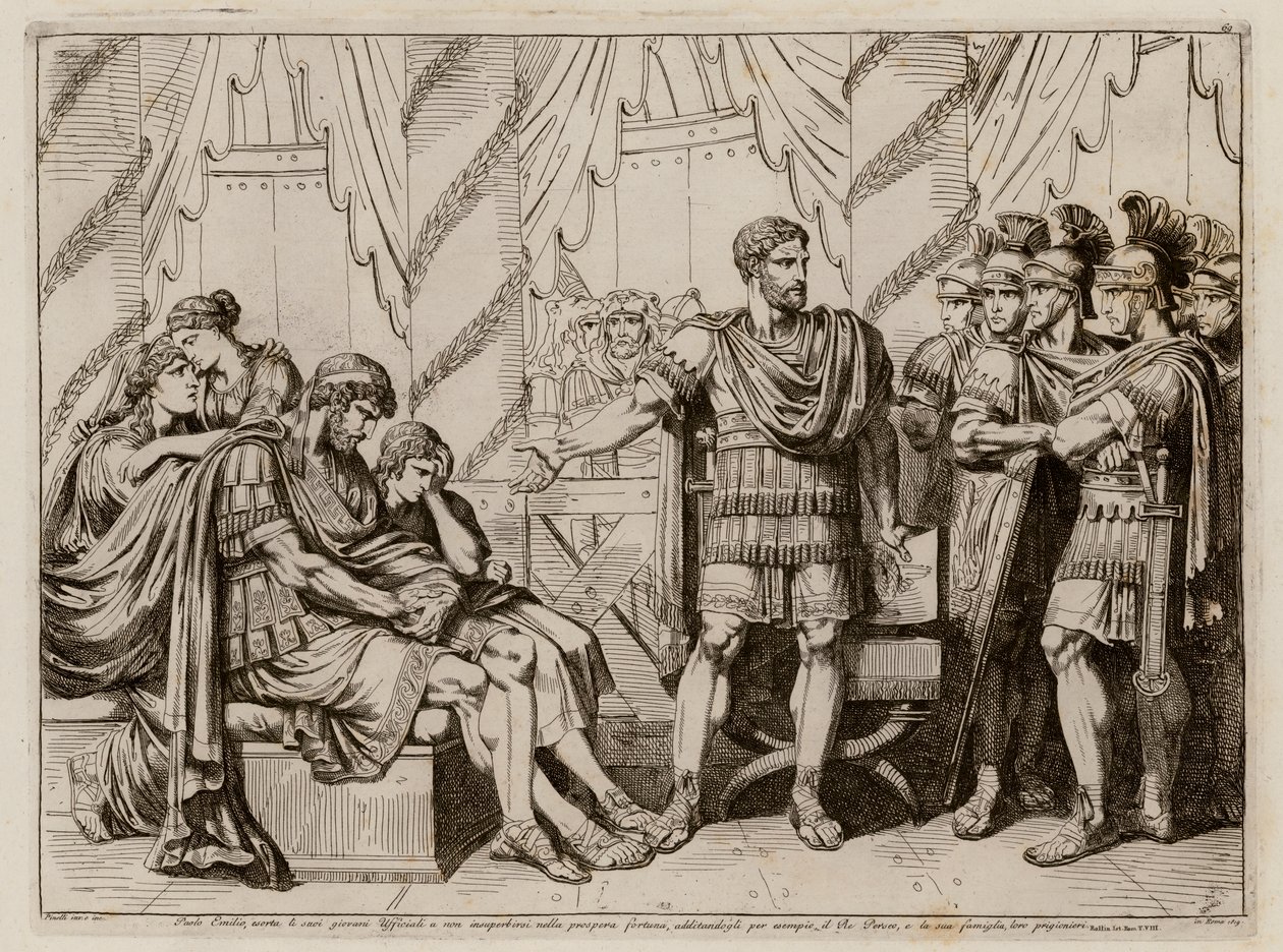 Lucius Aemilius Paullus Macedonicus ukazuje na poraženého makedonského krále Persea. od Bartolomeo Pinelli