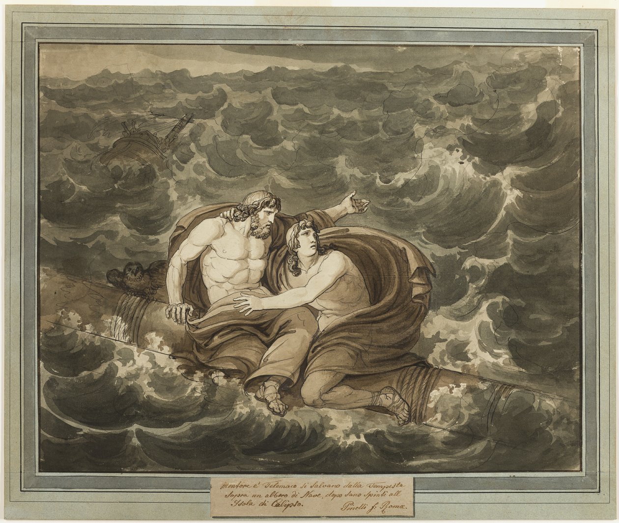 Mentor a Telemachus, kteří přežili bouři, jsou na stožáru odvedeni na ostrov Calypso, z Dobrodružství Telemacha, kniha 6 od Bartolomeo Pinelli