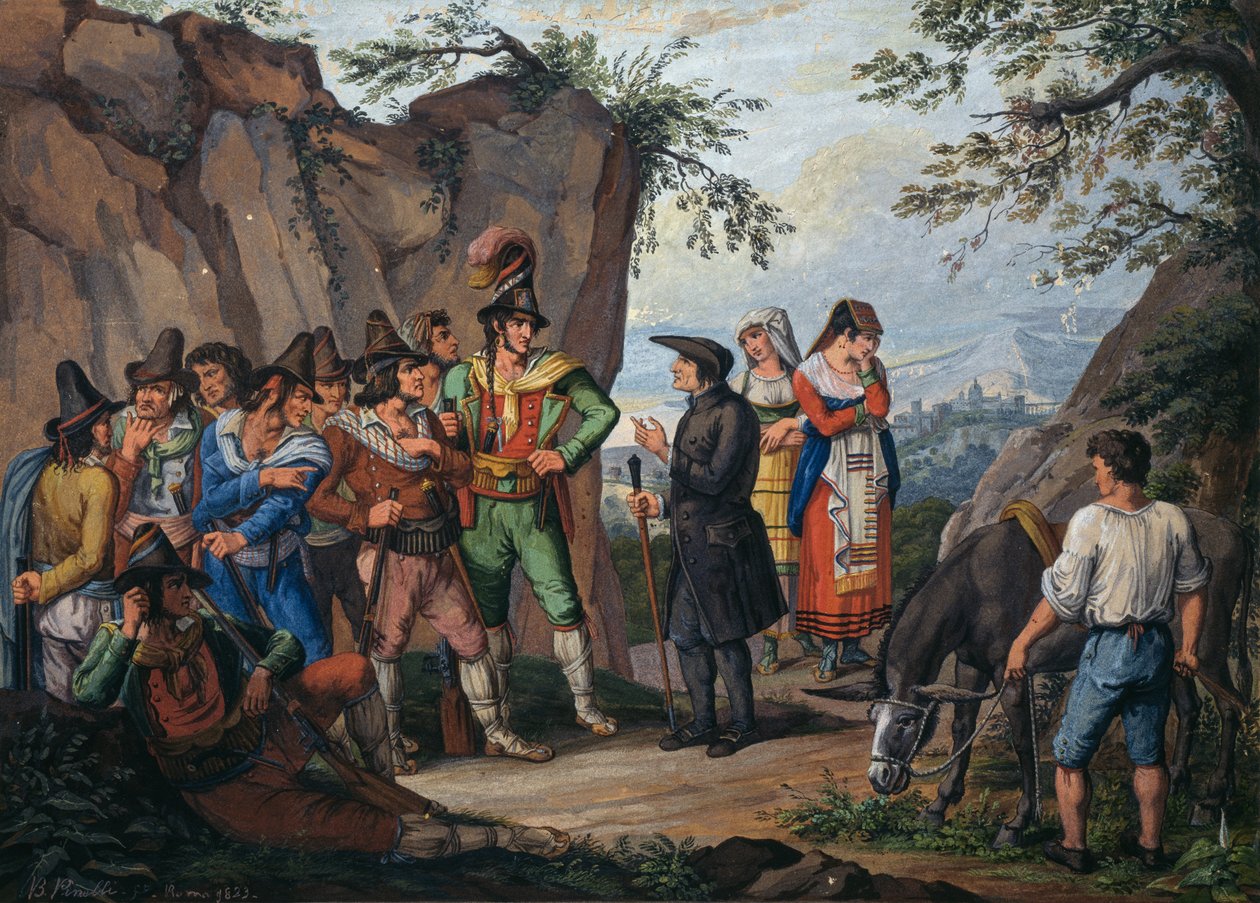 Jednání o kapitulaci mezi banditou Gasparone a arciknězem Pellegrinim od Bartolomeo Pinelli