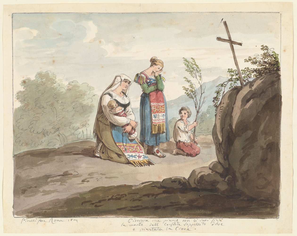 Venkovanka s dětmi plačící před hrobem s křížem, ilustrace k knize „Římské kroje a zvyky“ od Bartolomeo Pinelli