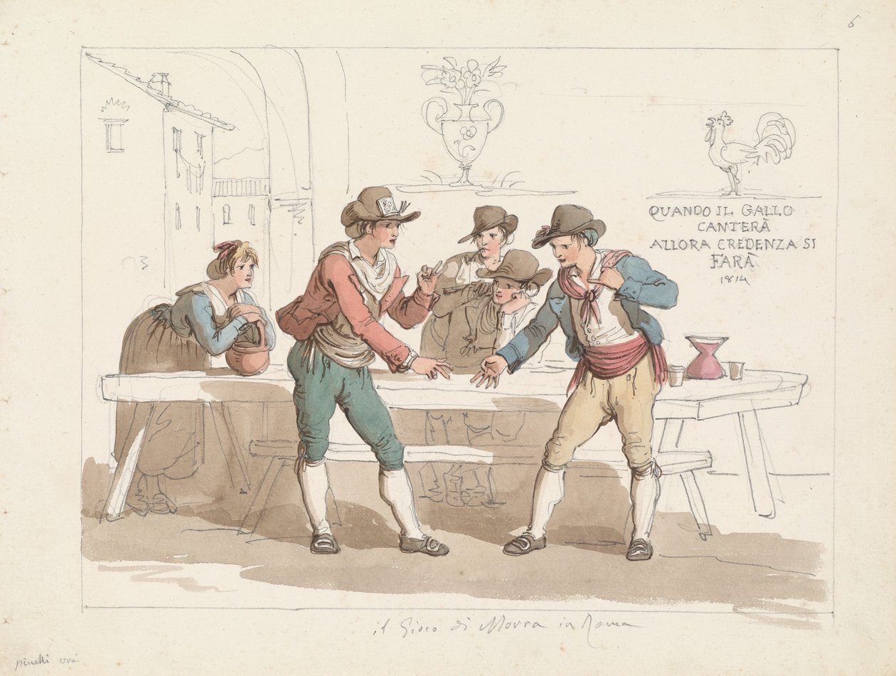 Hra „Morra“ v římské osterii, ilustrace pro knihu „Římské kroje a zvyky“ od Bartolomeo Pinelli