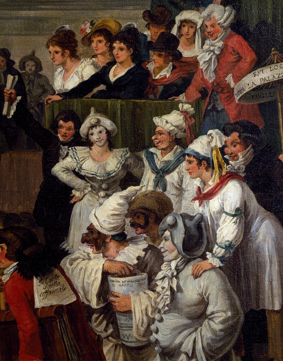 Pulcinella s další karnevalovou postavou, detail z dostihu berberských koní v Římě během karnevalu od Bartolomeo Pinelli