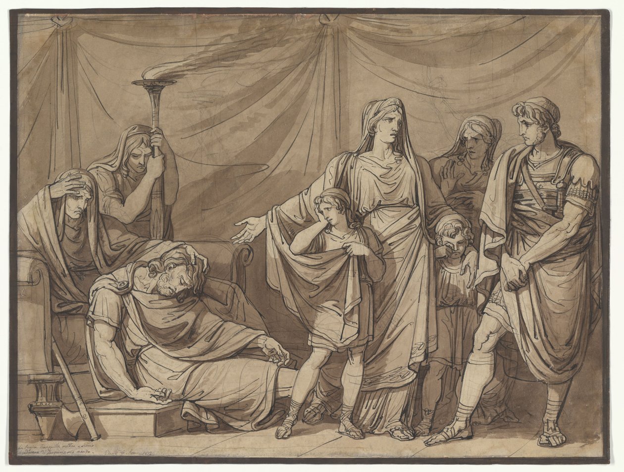 Královna Tranquilla, jíž je ukazována mrtvola jejího manžela Tarquina, ilustrace k dílu „Istoria Romana“ od Charlese Rollina od Bartolomeo Pinelli
