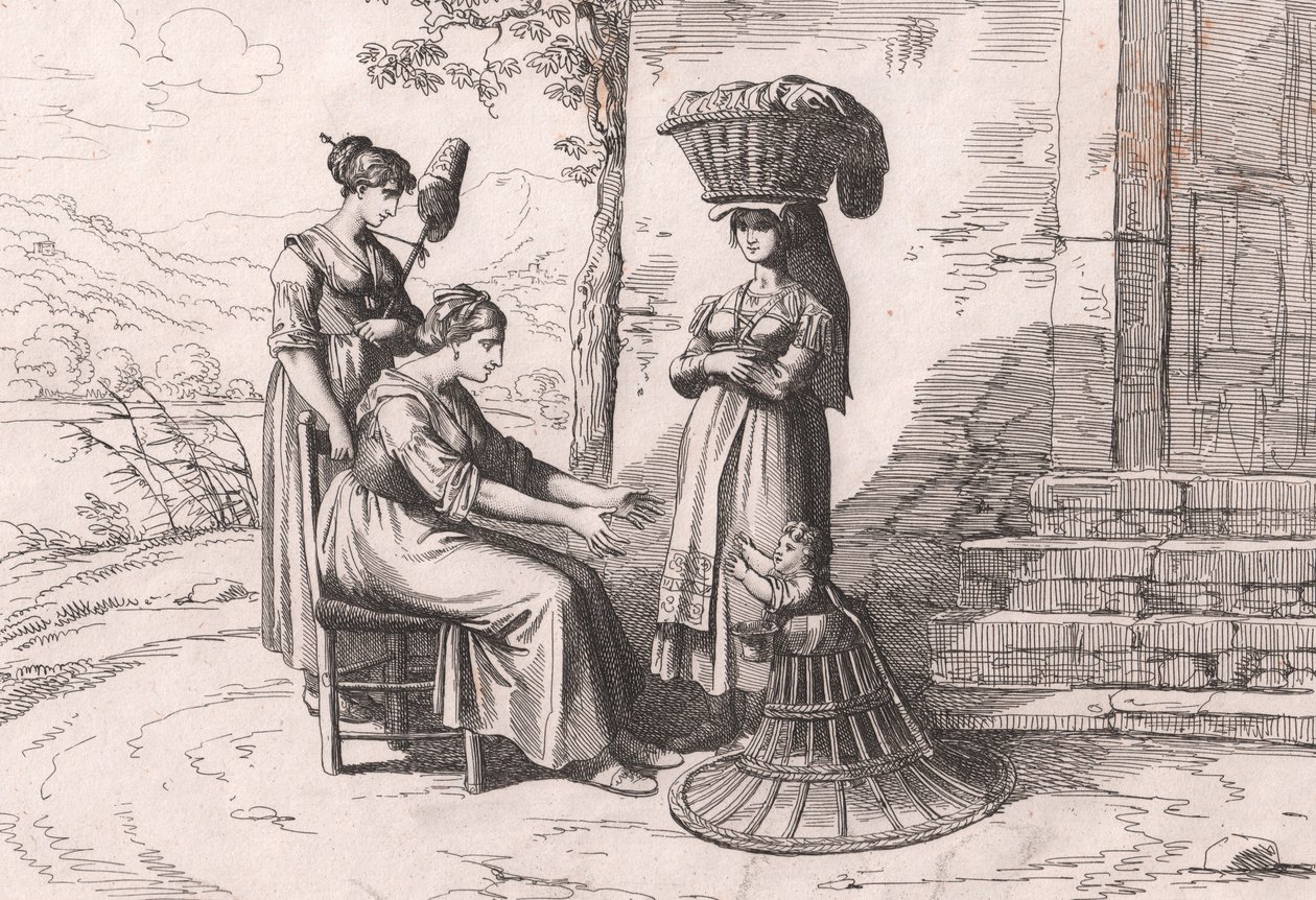 Římské ženy v tradičních krojích, lept Bartolomeo Pinelli (Řím od Bartolomeo Pinelli
