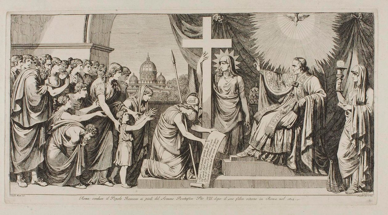 Řím vede římský lid k Piu VII. po jeho návratu do Říma v roce 1814 od Bartolomeo Pinelli
