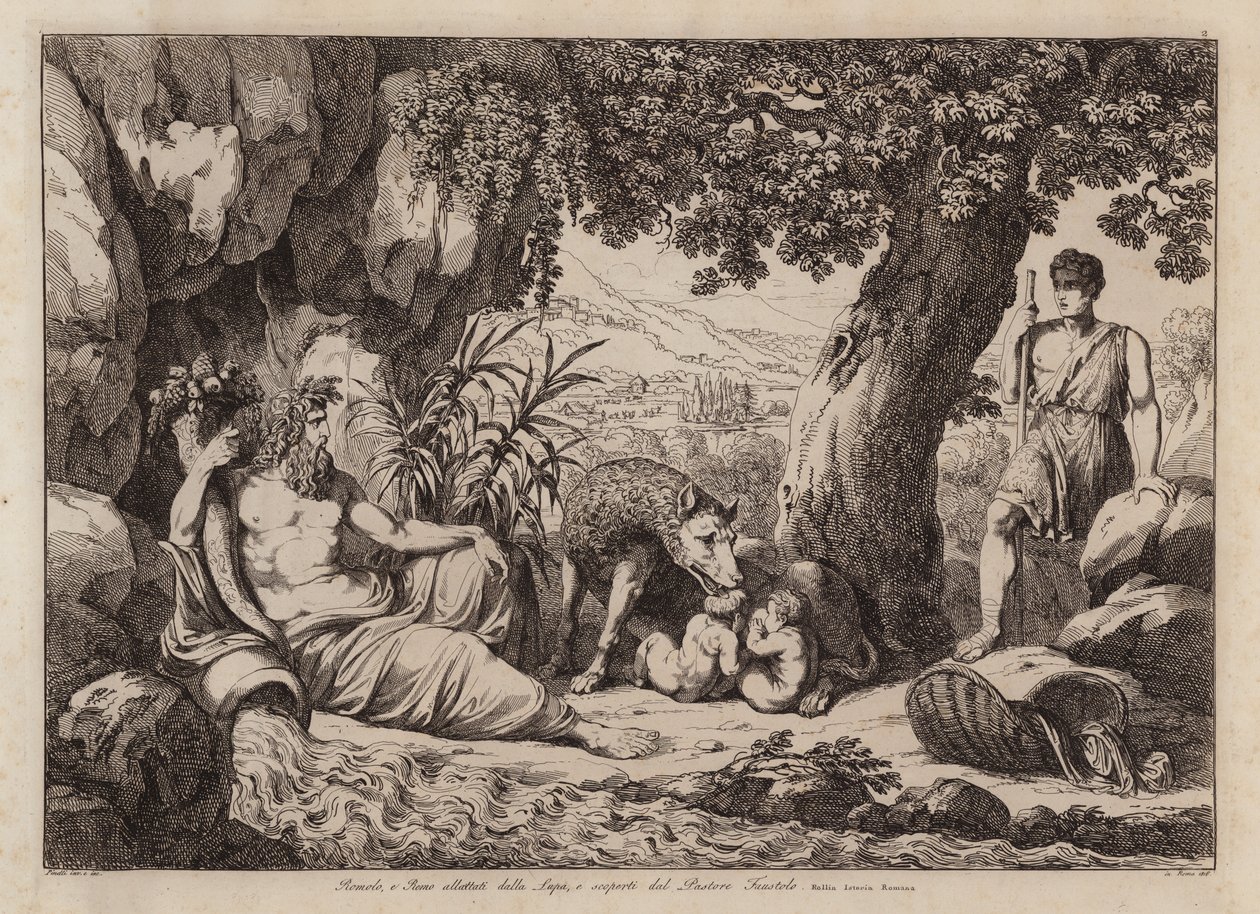 Romulus a Remus, které kojí vlčice a které objevil pastýř Faustulus (lept) od Bartolomeo Pinelli