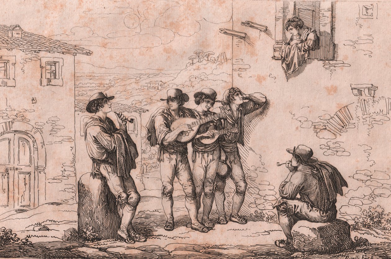 Serenáda v Římě, lept Bartolomeo Pinelli (Řím od Bartolomeo Pinelli