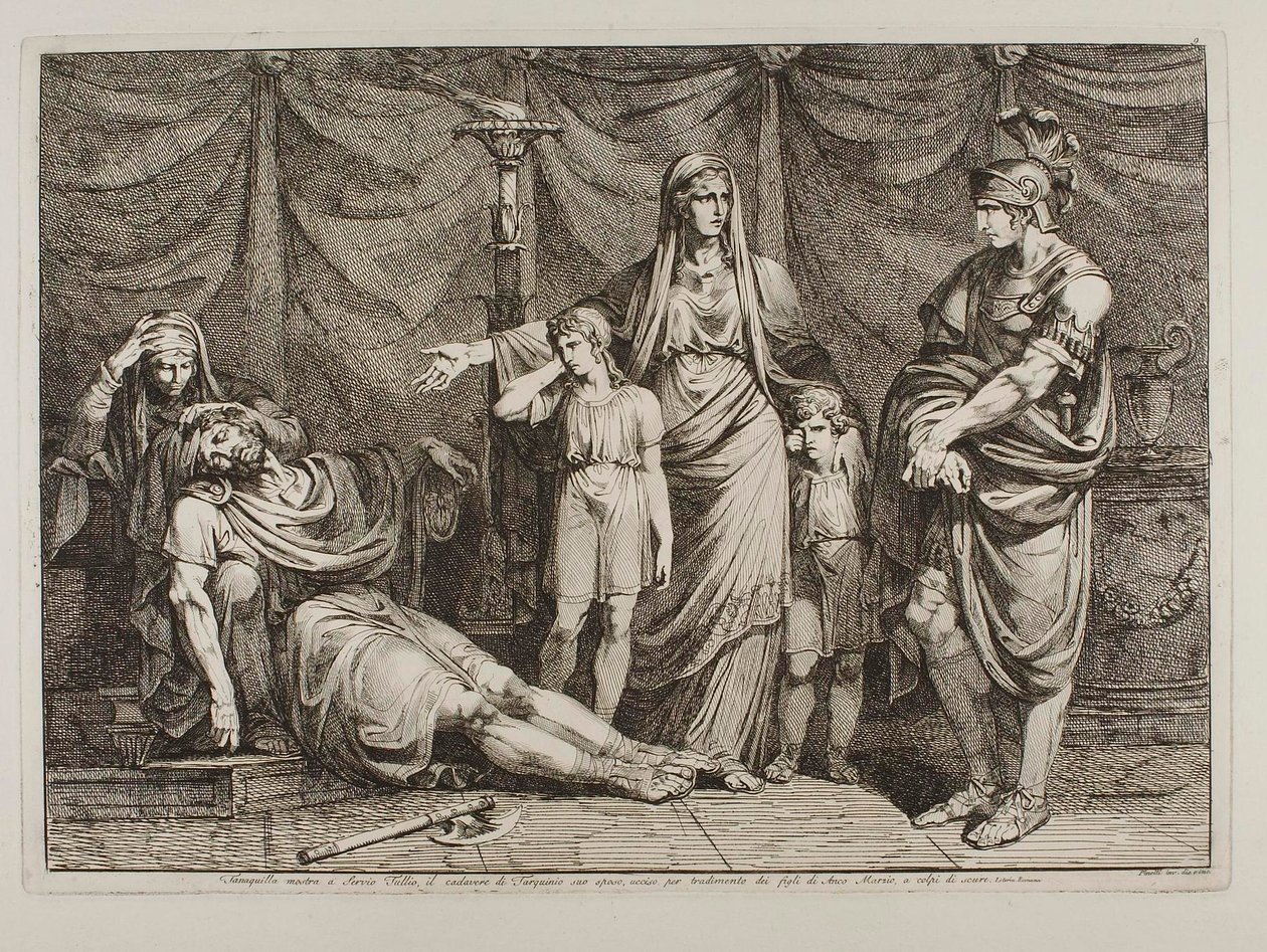 Tanaquilla ukazuje Serviu Tulliovi Tarquiniovo mrtvé tělo od Bartolomeo Pinelli
