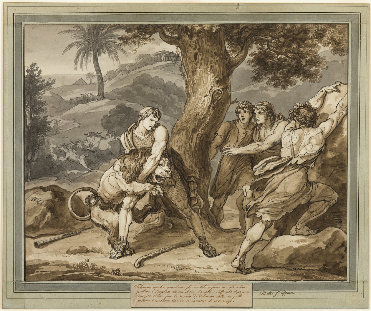 Telemachus bojuje se lvem, z The Adventures of Telemachus, kniha 2 od Bartolomeo Pinelli