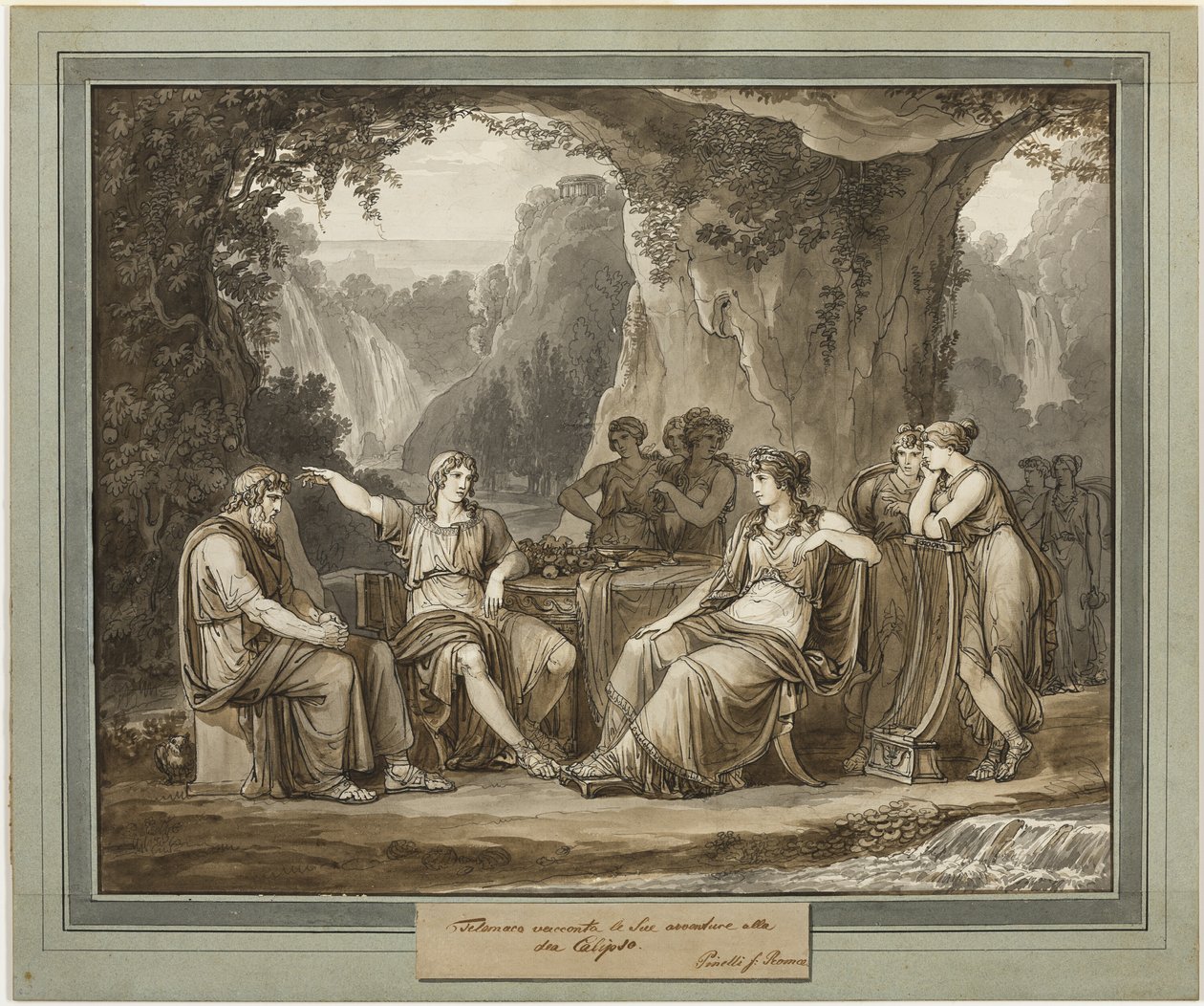 Telemachus spojuje svá dobrodružství s bohyní Calypso, z The Adventures of Telemachus, kniha 1 od Bartolomeo Pinelli