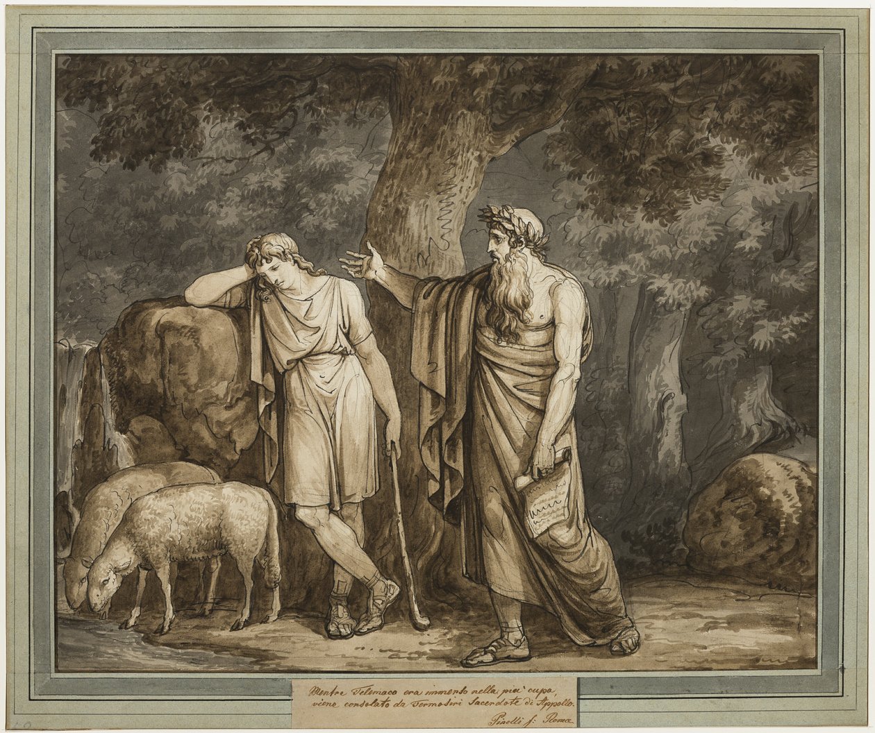 Telemachus je utěšován Termosirisem, knězem Apolla, z The Adventures of Telemachus, Book 2 od Bartolomeo Pinelli