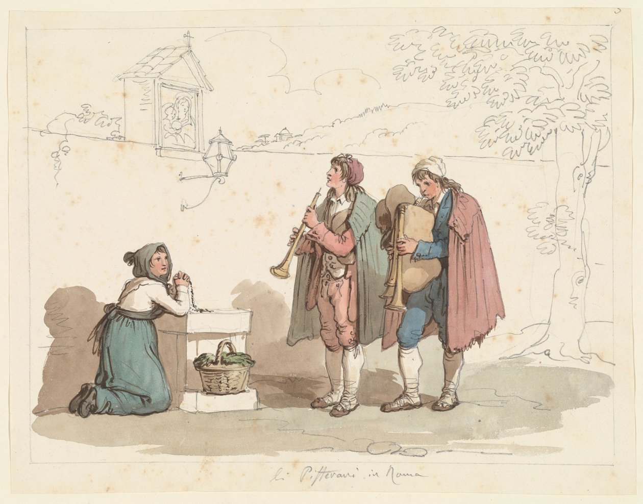 Dudák a pištec v Římě, ilustrace pro Římské kroje a zvyky od Bartolomeo Pinelli