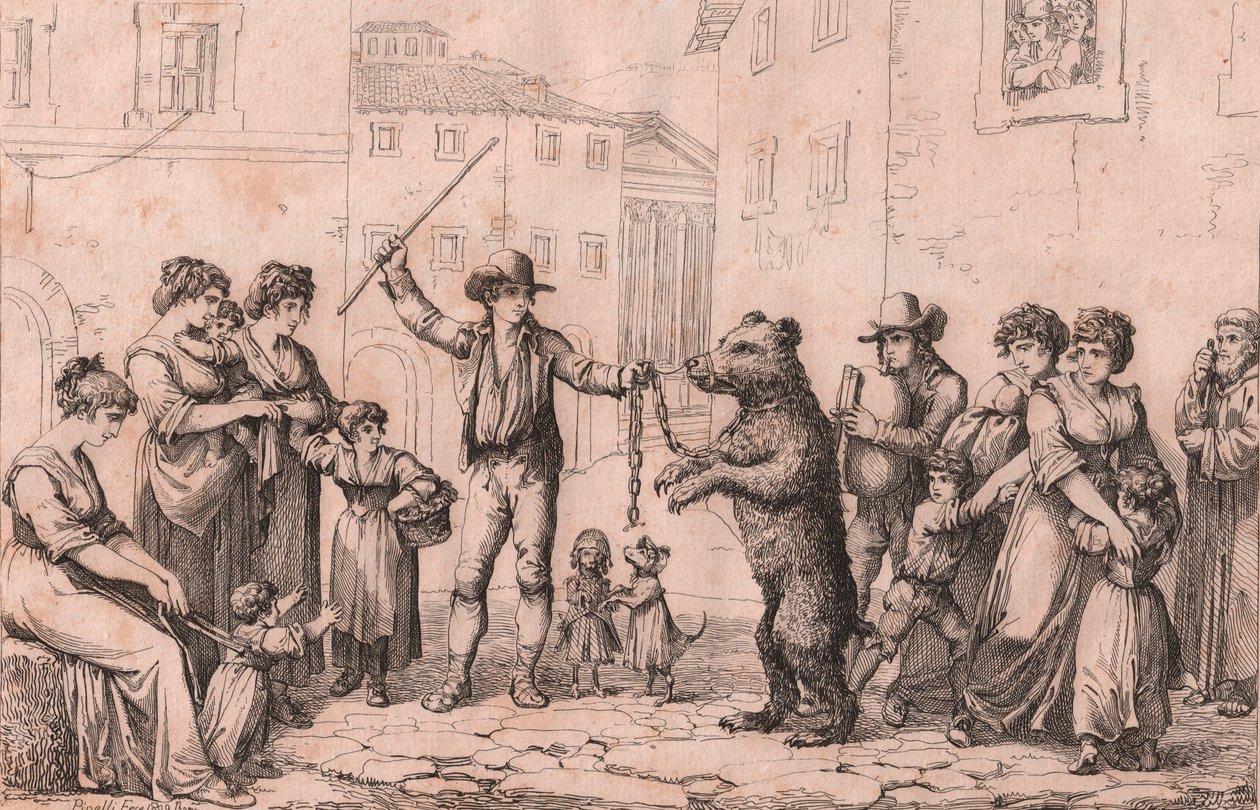 Medvědí tanec v Římě, lept Bartolomea Pinelliho (Řím od Bartolomeo Pinelli