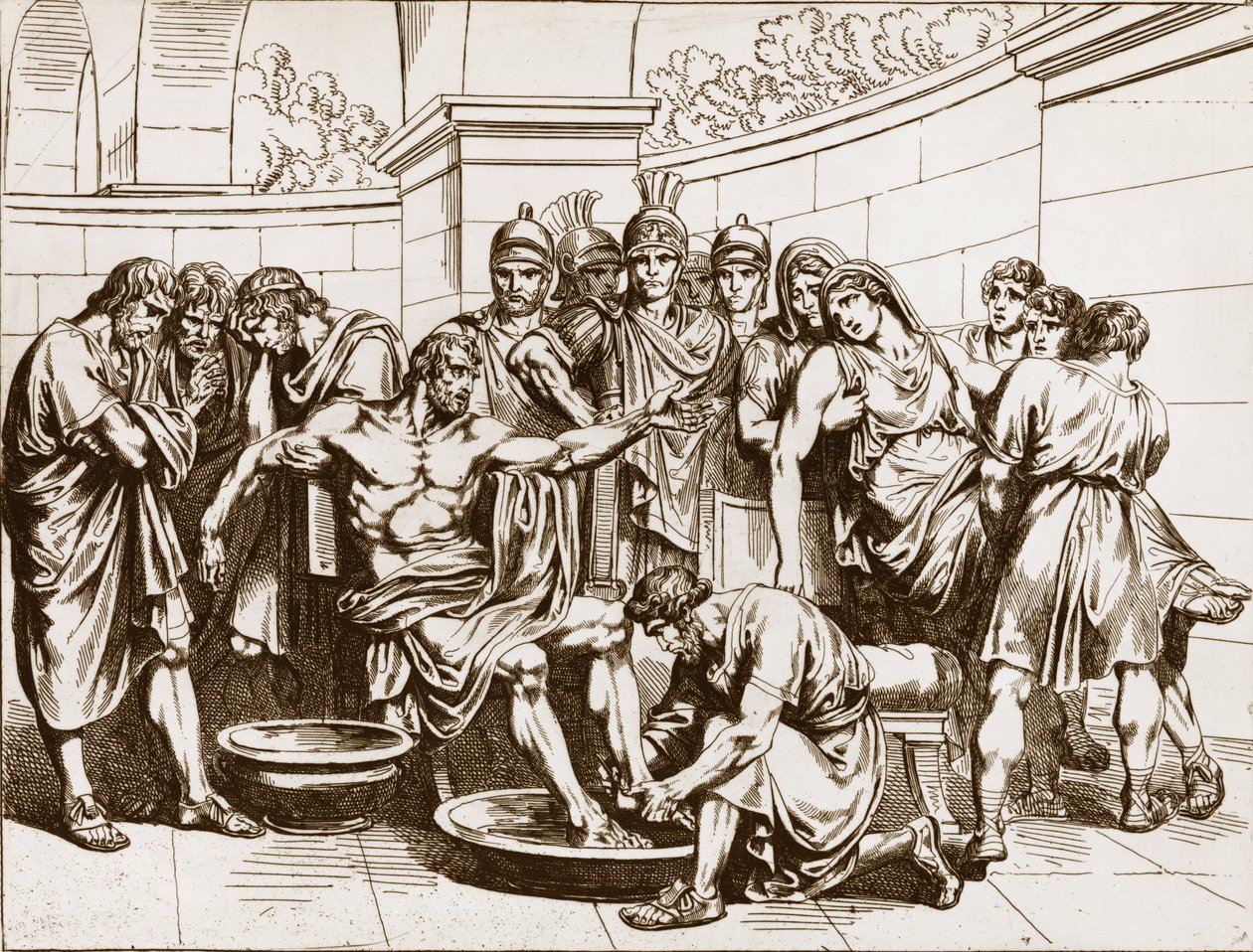 Římský filozof Seneca (Lucius Annaeus Seneca, 4 př. n. l.-65 n. l.), obviněný z účasti na spiknutí proti císaři Neronovi, dostal příkaz spáchat sebevraždu - rytina Bartolomeo Pinelli - Smrt Senecy, rytina Bartolomeo Pinelli (1781- od Bartolomeo Pinelli