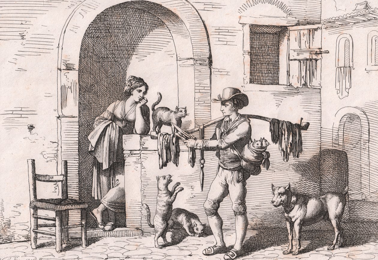 Carnacciaro, pouliční prodejce kočičího masa, lept Bartolomeo Pinelli (Řím od Bartolomeo Pinelli