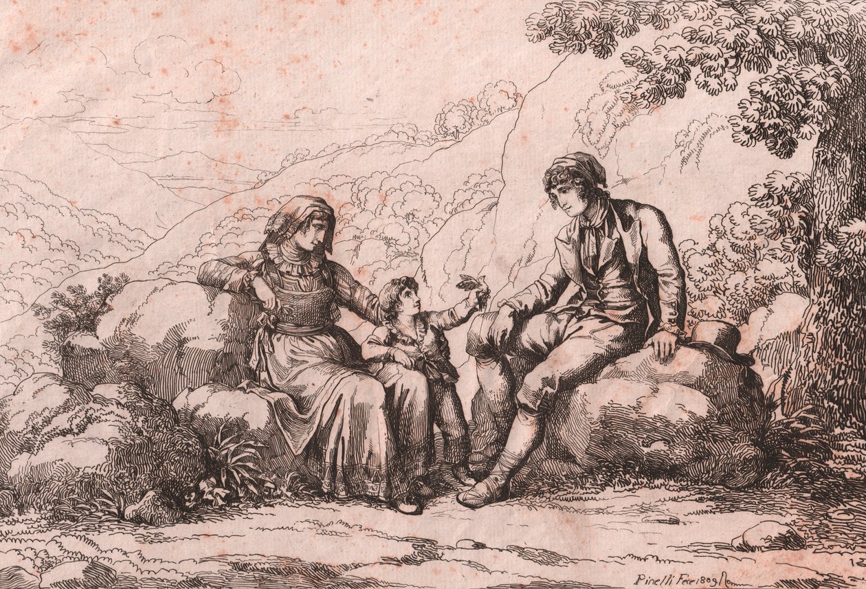 Dva prostí s dítětem, Schiavi, Abruzzo, lept Bartolomeo Pinelli (Řím od Bartolomeo Pinelli
