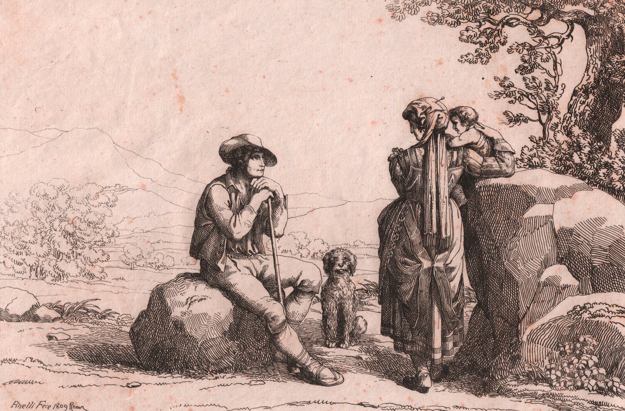 Dva prostí s dítětem a psem ve Fraine, Abruzzo, lept Bartolomeo Pinelli (Řím od Bartolomeo Pinelli