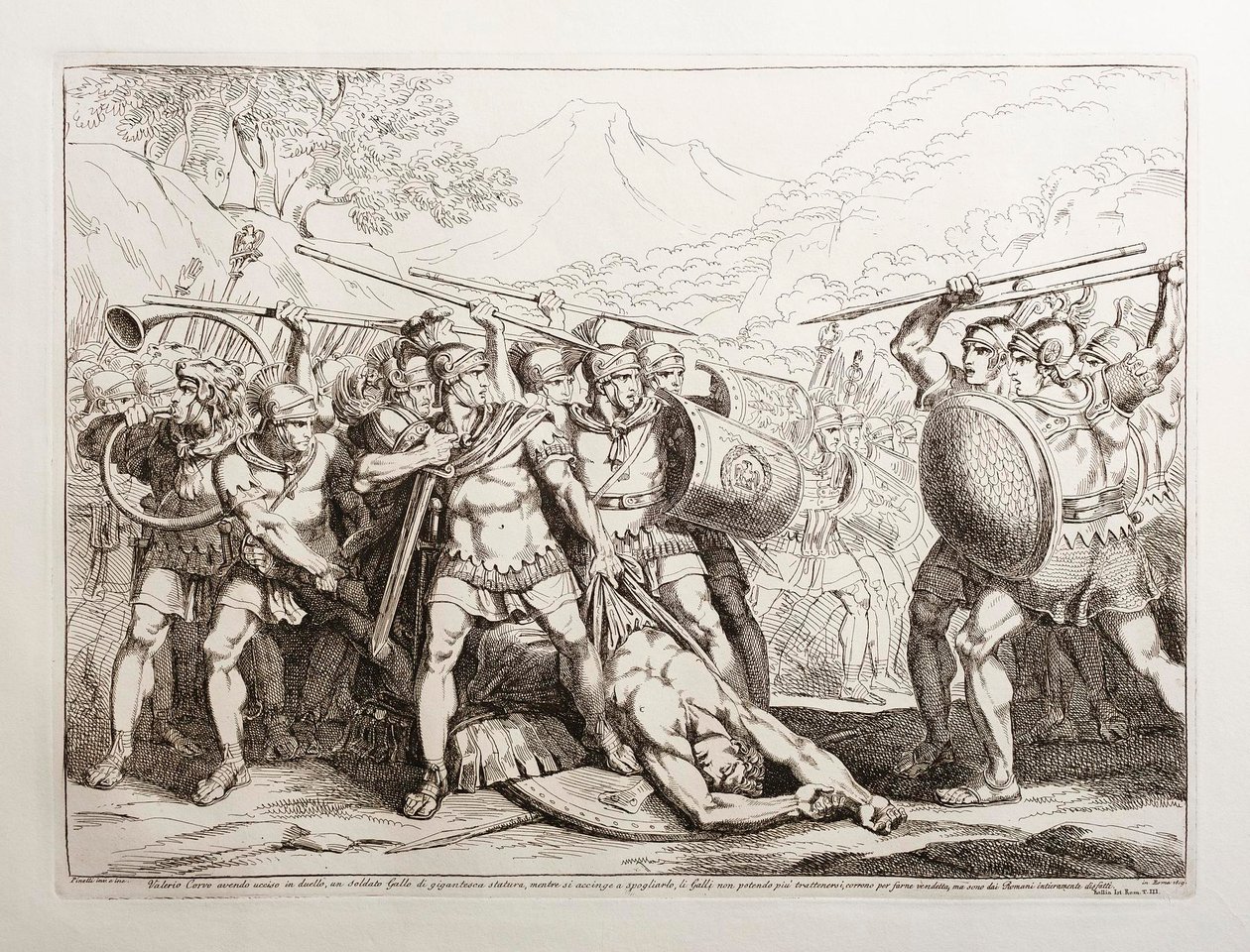 Valerio Corvo zabil v souboji galského vojáka obrovské postavy a právě se ho chystá svléknout, když se Galové, neschopni se ovládnout, vrhají na něj, aby ho pomstili, ale Římané je zcela porazí. od Bartolomeo Pinelli
